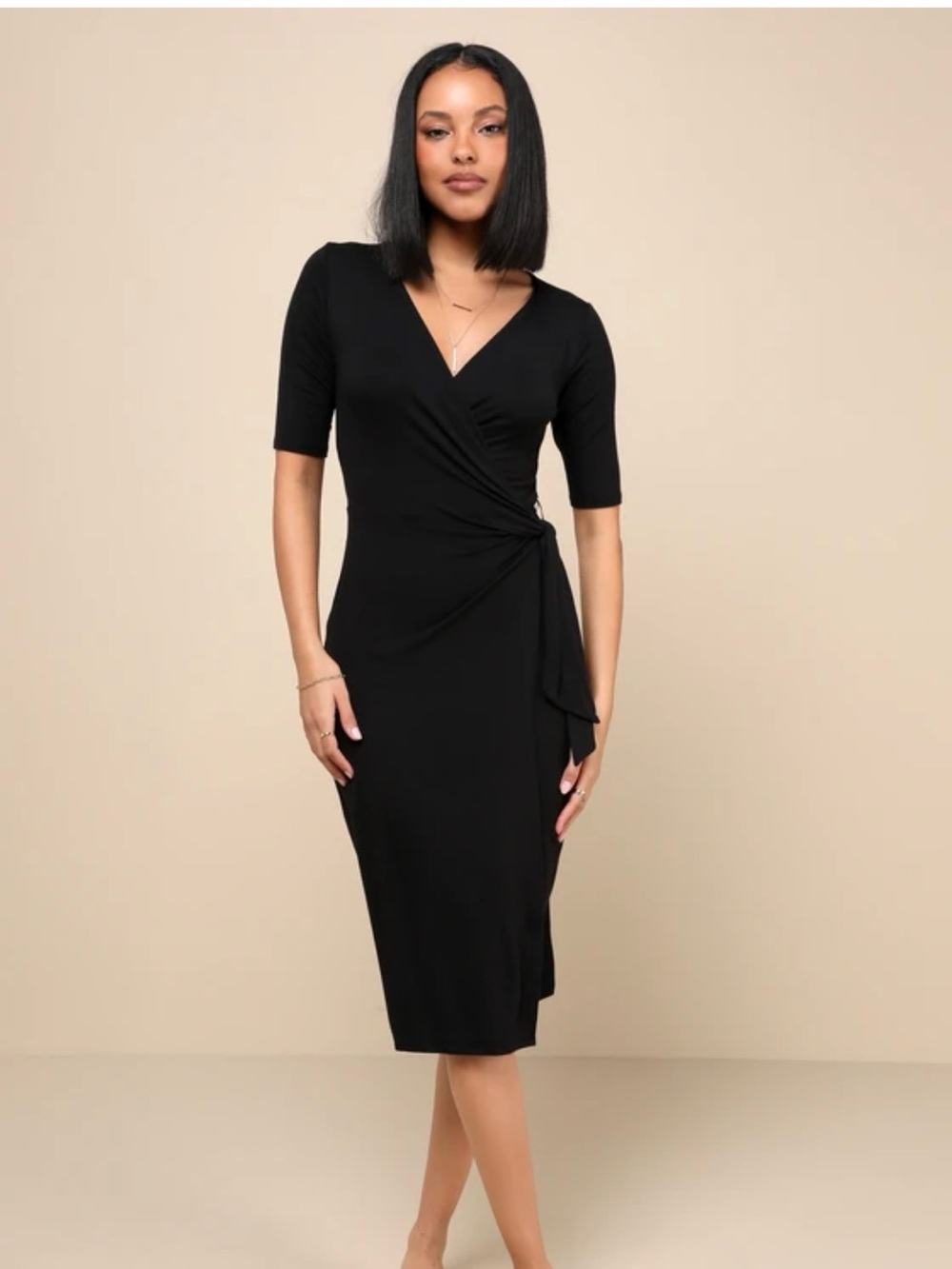 Lulu's Forget Me Not  Black Wrap Midi Dress with Side Knot- Large